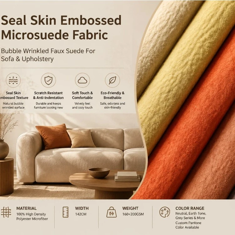 Tkanina obiciowa sofy z wytłoczonym mikrozamszem typu Seal Skin